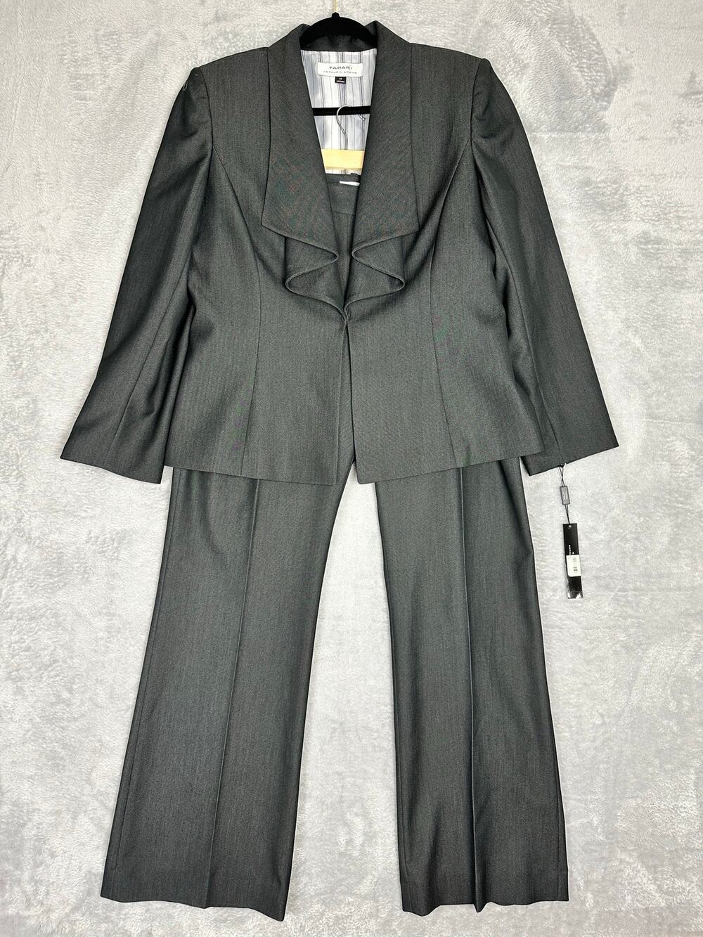 Tahari Arthur S Levine Pant Suit 14 16 Charcoal Gray 2pc Blazer Office NWT